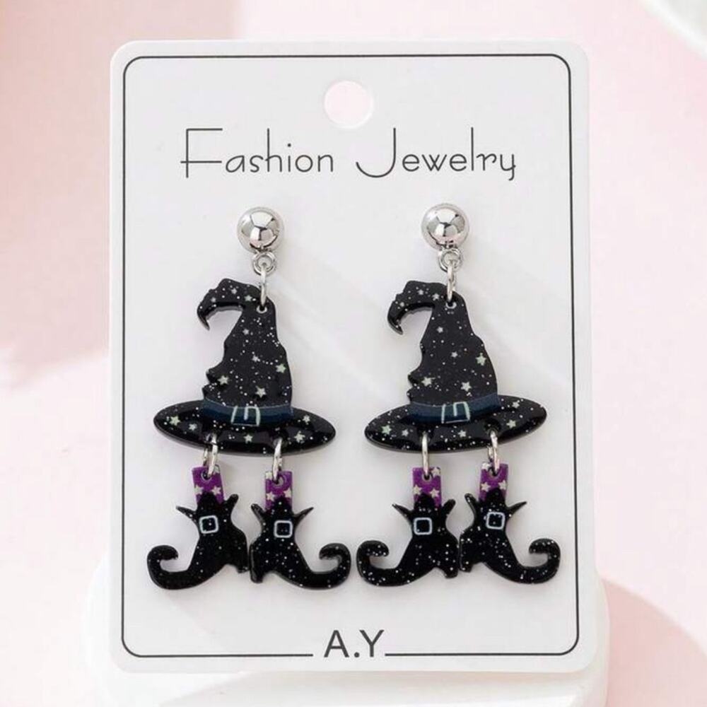 Witches Hat & Dangle Boots Black and Purple Halloween Earrings